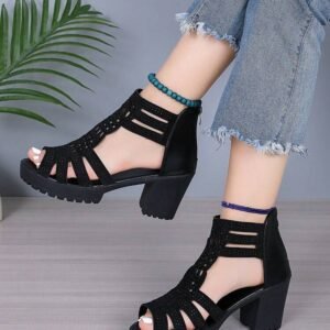 1 Pair Fashionable Premium Roman Style Teen Mid-High Heel Sandals, Back Zipper Peep Toe Hollow Out Design