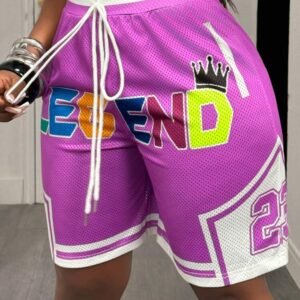 Slaydiva Women's Purple Summer Athleisure Gym High Waisted Shorts,College Style Letter Print Mesh Semi-Transparent Ball Game Uniforms,Casual Straps Shorts