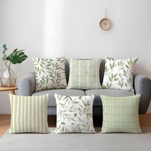 6pcs Green Minimalist Leaf Geometric Pattern Cushion Covers, Single-Sided Printed Peach Velvet Fabric, 45*45/50*50/40*40CM Pillow Covers For Modern Fabric Sofa Indoor Decor, Party Decoration, Gift