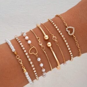 8pcs/4pcs Fashion Elegant Faux Pearl Hollow Heart Layered Bracelet & Bangle Sets, Suitable For Girls Daily Wear, Summer Jewelry