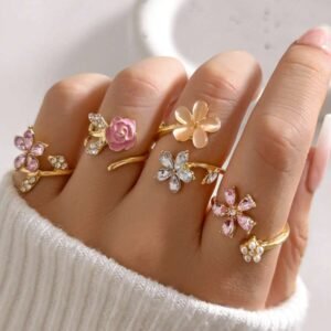 4pcs/Set Lovely Pink Rose Flower Adjustable Rings, Faux Pearl Diamond Decor Five-Petal Floral Ring Set For Women