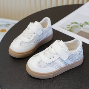 1 Pair Girls Fashion Popular Hook And Loop White Sneakers, Back To School Student Children Athletic Shoes
