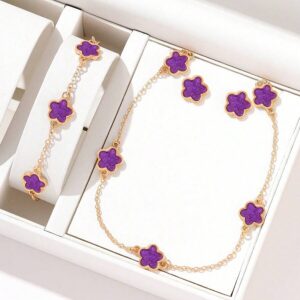 4pcs/Set Elegant Luxury Purple Clover Jewelry Set, Includes Necklace, Bracelet, Earrings, Suitable For Daily Wear Or As Romantic Gift