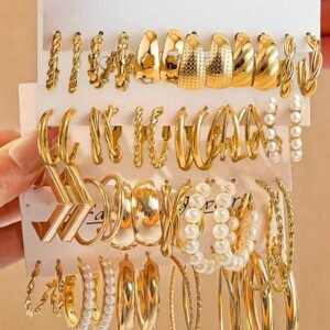 48-12pcs Vintage Women's Metal Hollow Earrings Set, Geometric Square Faux Pearl Earrings Jewelry, Ideal Holiday Gift, Daily Wear
