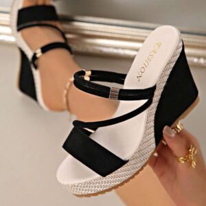 [Elegant | Wedge Shoes] Black Suede Elegant Women's Thick Heel Shoes | Ankle Strap, Breathable Suede, Suitable For All Seasons, Distinctive Square Toe Design, Fashionable Wedge Thick Bottom Sandals