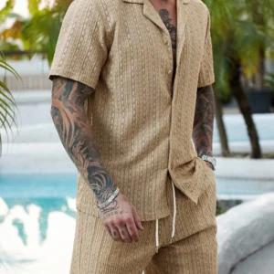 VENTUSAIL 2 Pcs/Set Men's Khaki Solid Color Button-Down Hollow Shirt And Shorts Set,Summer Casual Vacation Holiday Beach Wear,Cozy Husband Outfits,Daily Leisure