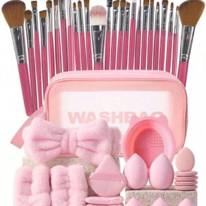 50/48/25/16/9/1pc Makeup Brush Set, Mixed Makeup Beauty Tools, Including: 25 Makeup Brushes, 1 Makeup Bag, 5 Makeup Sponges, 5 Powder Puffs, 5 Mini Makeup Sponges, 5 Mini Finger Powder Puffs, 1 Headband, 2 Wristbands, 1 Cleaning Tool
