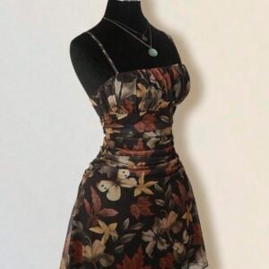 SHEIN ICON Women's Black Floral Vintage Maple Leaf Print Pleated Mini Dress,Summer Retro Vacation Butterfly Print Party Earth Tone Autumn Dress