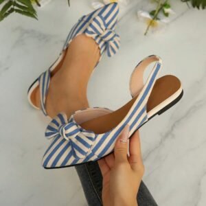 Blue & White Pointed Toe Flat Shoes With Bowknot Design, Elegant Casual Slip-On Flats For Women, Hollow-Out Loafers, Fall, Spring/Autumn