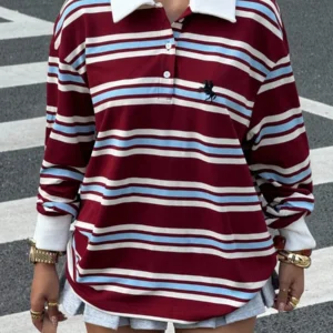 Muchica Women's Casual Back-To-School Merlot Wine Red Colorblock Striped Long Sleeve T-Shirt,Embroidered Horse Polo Shirt,Old Money Autumn School Burgundy