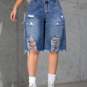 Washed Ombre Distressed Loose Denim Bermuda Shorts Casual Summer