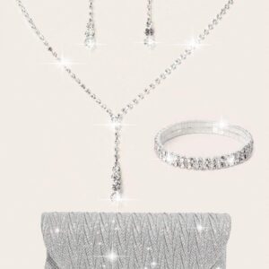 Women's Diamond Jewelry Set, Sparkling Luxury Crystal Jewelry Set Including Necklace, Earrings, Bracelet, Personalized V-Shaped Metal Accessories, Elegant Shiny Pleated Envelope Bag, Fashion Clutch, Formal Event Handbag, Elegant Event Handbag, Fashion Wallet