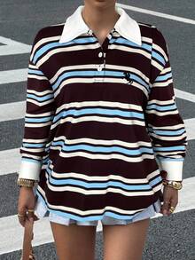 Muchica Casual Loose Fit Polo Collar Long Sleeve T-Shirt For Women Stripe Shirt Striped Polo Shirt Long Sleeve Polo