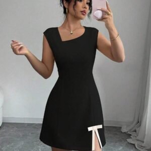 Rafferiza Boat Neck Color Block Patchwork Open Slit Bowknot Dress Fall Cloth For Women