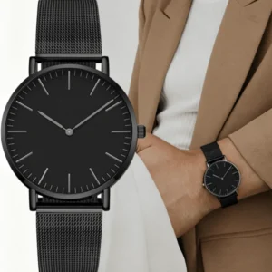 1pc Unisex Black Stainless Steel Quartz Watch, Minimalist Dial Design With Mesh Strap, Luxury Business/Casual Wristwatch, Suitable For Men And Women, Fashion Minimalist Style, Ideal For Daily/Office Occasions, Christmas/Birthday/Anniversary Gift