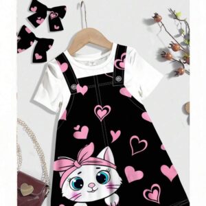 SHEIN Baby Girl Pink Heart & Kitty Print Dress Set,Cute Black And White Cartoon Pattern Round Neck Short Sleeve Outfit For Summer,School,Back-To-School