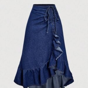 Sweetra Fashionable Casual Tie-Up Bow Ruffle Hem Denim Mini Skirt