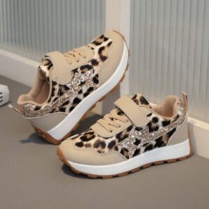 1 Pair Girls' Khaki Leopard Print Champagne Sequin New Outdoor Sports Shoes, Tennis Shoes, Running Shoes, Suitable For All Seasons