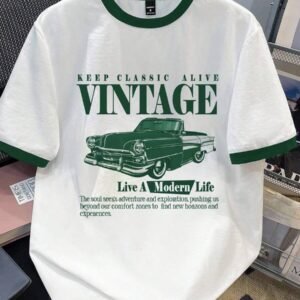 Manfinity Joysei Standard Size Men's Green Sleeve Contrast Slogan & Car Graphic Round Neck Casual T-Shirt
