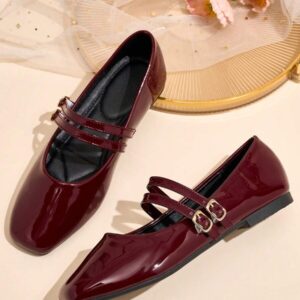 2026 New Women's Burgundy Glossy Square Toe Mary Jane Shoes, Unique Double Strap Buckle Design, Versatile For Commuting, Elegant Fashion, Casual Minimalist