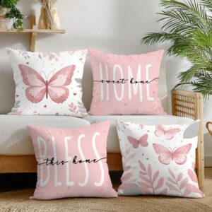 4pcs Simple Daily Pink Butterfly "Sweet Home" Cushion Covers, Single-Sided Printed Soft Peach Velvet Material, 45*45/50*50/40*40CM Pillow Covers Suitable For Indoor Decor, Party Decor, Decorative Pillow Gift