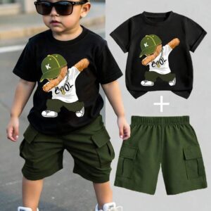 SHEIN Coolqubz 2 Pieces Set Young Boys 2025 Summer New Casual Cool Bear Print Tee & Solid Military Green Cargo Pants Summer Holiday