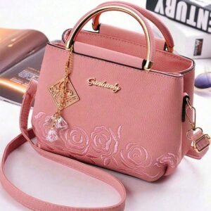 2025 New Fashion Women's Handbag, Rose Embroidery, Gold-Tone Hardware And Crystal Pendant - Crossbody/Shoulder/Tote Bag, Everyday Use