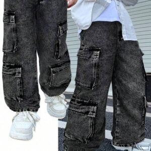 SHEIN Little Byeori Tween Boy Fashion Casual Black Baggy Straight-Leg Cargo Jeans For Dailywear And Fall Clothes