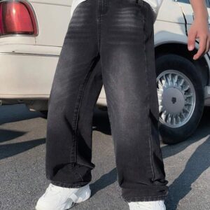 Little Byeori Tween Boy Fashion Casual Y2k Vintage Cool Street Basic Simple And Comfortable Black Denim Loose Straight-Leg Jeans For Dailywear School And Autumn And Rave Festival And Streetwear