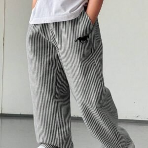 SHEIN Kids Tween Boy Casual Streetwear Preppy Striped Embroidered Pattern Woven Straight Leg Pants With Pockets, Lightweight Comfortable Versatile For Outings, Vacation, Photos, School, Sports, Parties, Suitable For Spring And Summer