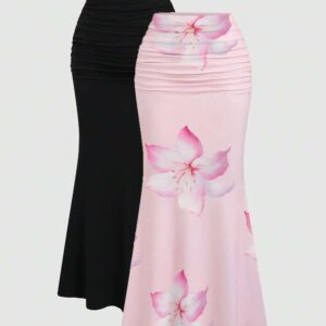 Sweetra 2pcs Women's Elegant Party Solid Color Mermaid Skirt And Floral Print Skirt Set Fall Cloth For Women
