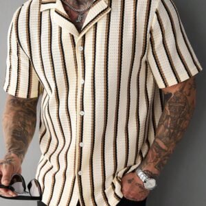SLATEMANN Men's Beige Summer Casual Vacation Holiday Striped Waffle Knit Polo Shirt,Classic Button Down Short Sleeve Textured Cuban Shirt Retro Outdoor Tops
