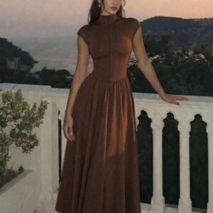 Skyraze Women's Coffee Brown High Neck Long Knit Dress,Autumn Elegant Dinner Date,Wedding Guest Dress For Women,Valentine's Day,Tea Party Outfit,Birthday