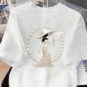 New Elegant And Sophisticated Style Clothing, Women's Printed T-Shirt - With Anti-Pearl Crystal Design For A Luxurious Feel. Casual Summer