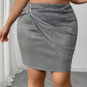 SHEIN Elenzya Plus Size Metallic Buckle Decor Shiny Fashion A-Line Skirt