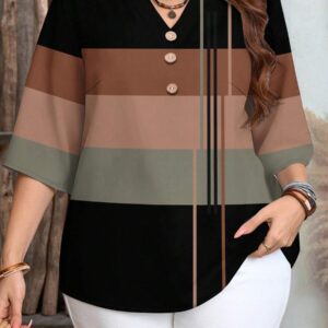 EMERY ROSE Brown Striped Pattern Half Sleeve Casual Minimalist Style Blouse For Women, Suitable For Spring/Summer Spring