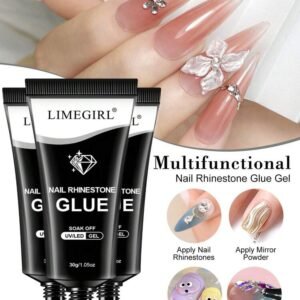 LIMEGIRL Nail Rhinestone Glue For Nails- 90ML (1PC/30g)Super Strong Gel Glue For Rhinestones, 3D Art Charm Decorations Bling Gem Bow Jewels Crystals Beads Diamonds Pearls,Professional Salon Quality Beauty Gift, UV Lamp Need