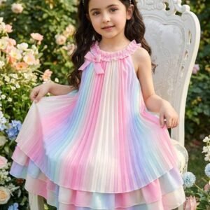 SHEIN Glamorique Kids Young Girls Sleeveless Baby Purple Tiered Layer Short Dress, Summer Fairy Birthday 7th Birthday Outfit, Round Neck Pleated Dress