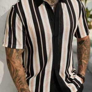 VENTUSAIL Men's Black And White Striped Short Sleeve Knit Top,Mesh Texture Knitted Button Up Shirt,Summer Streetwear,Holiday,Vacation,Holiday Casual Shirt