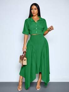 SOLERSUN Women's Elegant Sage Green Solid-Color Midi Skirt,Casual Autumn Brunch Fitted Waist Pleated Asymmetrical Hem Skirt For Summer Vacation & Commuting