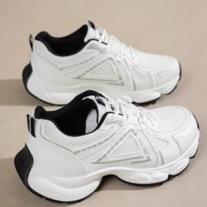 Women's New Casual Sneakers, Breathable Mesh Thick Sole Platform Shoes, Lace-Up Lightweight Versatile Fashion Trainers, White/Gray, Suitable For All Seasons