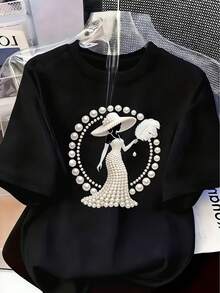 New Elegant And Sophisticated Style Clothing, Women's Printed T-Shirt - With Anti-Pearl Crystal Design For A Luxurious Feel. Casual Summer
