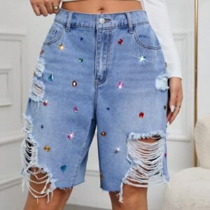 Women's Casual Cotton Pocket Rhinestone Frayed Edge Washed Ripped Denim Shorts, Streetwear Style, Suitable For Spring, Summer, Autumn