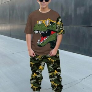 Tween Boy Brown Checked,Summer,Casual,Vacation Dinosaur Print Camouflage Graffiti Fashion Y2K Sporty Loose Short Sleeve T-Shirt And Pants Outfit Set
