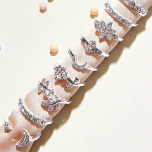 9pcs Moon Shaped Rhinestone Rings, Elegant Fashion Versatile Daily Wear Gift