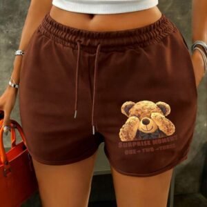 Rovax New Arrival Bestselling Bear Decor Drawstring Waist Slant Pocket Casual Shorts For Women