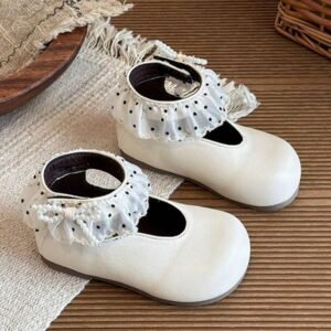 NEW1 Pair Children's Princess School Style Round Toe Mary Jane Shoes, Polka Dot Floral Trim Flat Leather Shoes, Fashionable Versatile Suitable For Hiking, Princess Leather Shoes