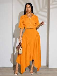 SOLERSUN Women's Orange Autumn Elegant Vacation Holiday Casual Solid-Color Midi Skirt,Fitted Waist Pleats Asymmetrical Hem For Everyday Commuting Festivals