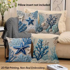 4pcs Ocean Coral & Starfish Theme Single-Sided Printed Throw Pillow Covers, Soft & Comfortable Polyester Cushion Covers, 45x45cm (17.72x17.72inch), Zipper Closure, Machine Washable, Suitable For Home Decor, Living Room, Bedroom, Porch, Garden, Hotel, Cafe, Outdoor (Cushion Covers Only - Insert Not Included)