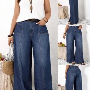 EMERY ROSE EMERY ROSE Plus Size Women's Navy Blue Wide Leg Jeans,High Waist Elastic Back Denim Culottes With Pockets,Loose Fit Casual Everyday Winter Summer Outfits,Y2K